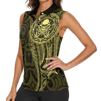 New Zealand Skull Darts Women Sleeveless Polo Shirt Aotearoa Maori Chest Tattoo Stylized Gold - Polynesian Pride