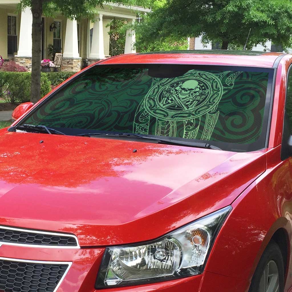 New Zealand Skull Darts Auto Sun Shade Aotearoa Maori Chest Tattoo Stylized Green - Polynesian Pride