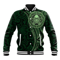 New Zealand Skull Darts Baseball Jacket Aotearoa Maori Chest Tattoo Stylized Green - Polynesian Pride