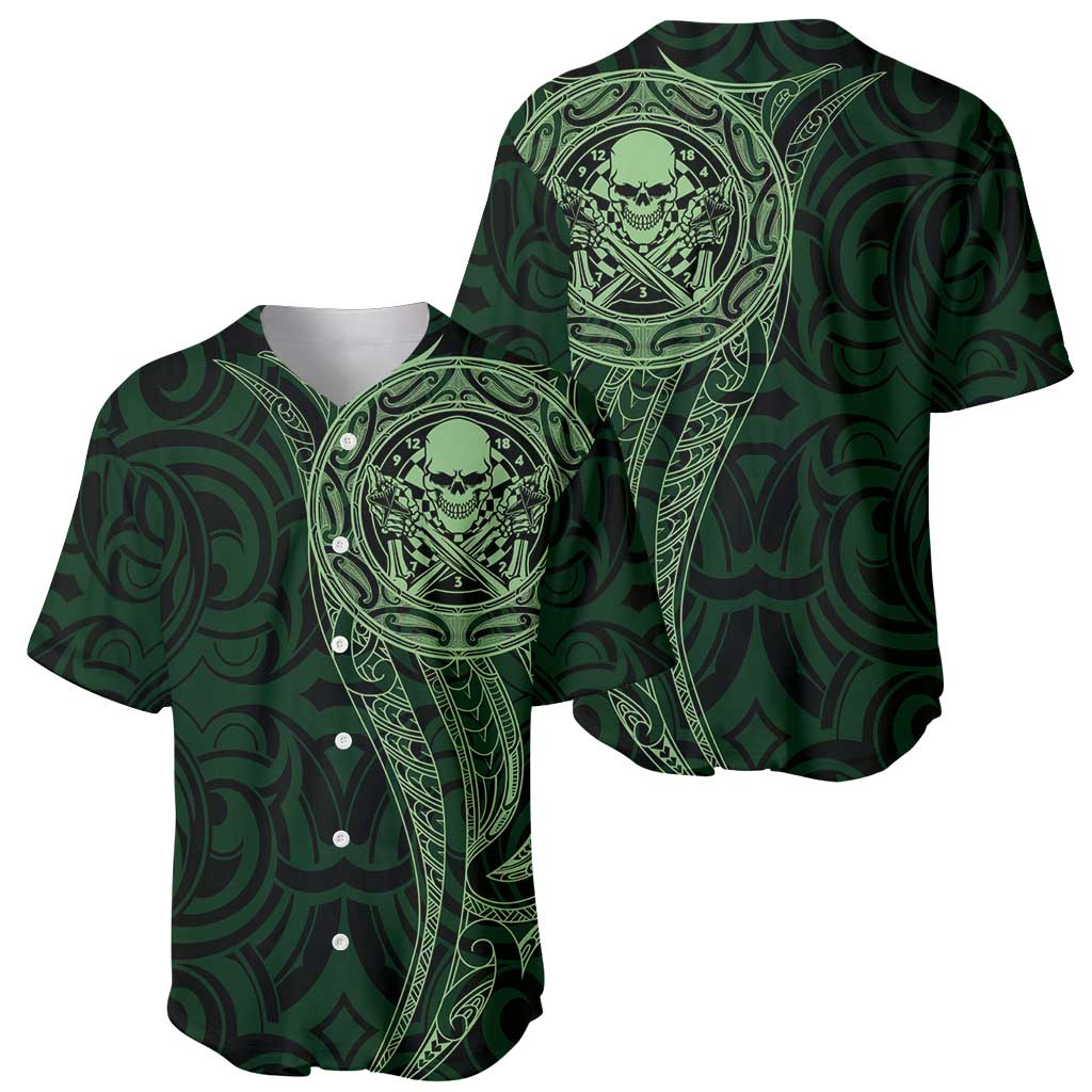 New Zealand Skull Darts Baseball Jersey Aotearoa Maori Chest Tattoo Stylized Green - Polynesian Pride