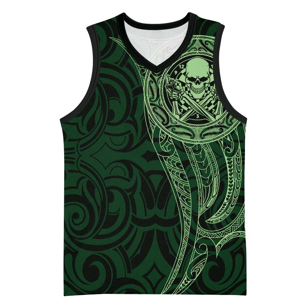 New Zealand Skull Darts Basketball Jersey Aotearoa Maori Chest Tattoo Stylized Green - Polynesian Pride