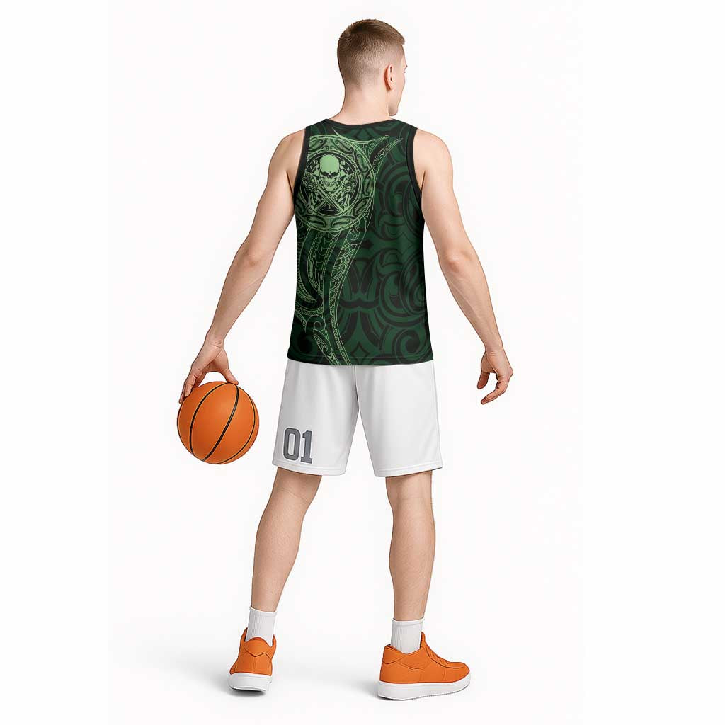New Zealand Skull Darts Basketball Jersey Aotearoa Maori Chest Tattoo Stylized Green - Polynesian Pride