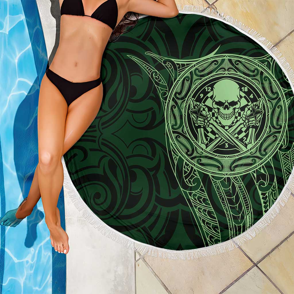 New Zealand Skull Darts Beach Blanket Aotearoa Maori Chest Tattoo Stylized Green - Polynesian Pride