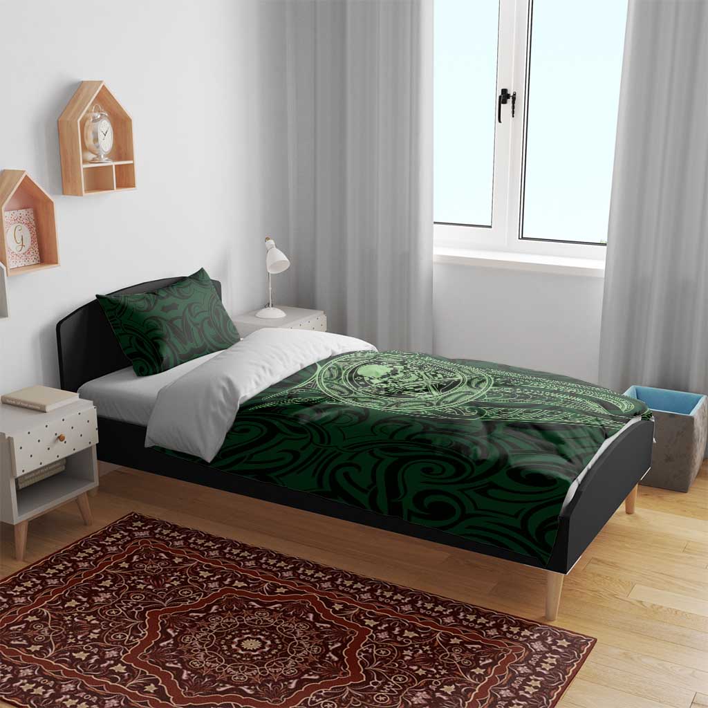 New Zealand Skull Darts Bedding Set Aotearoa Maori Chest Tattoo Stylized Green - Polynesian Pride