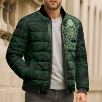 New Zealand Skull Darts Bomber Puffer Jacket Aotearoa Maori Chest Tattoo Stylized Green - Polynesian Pride