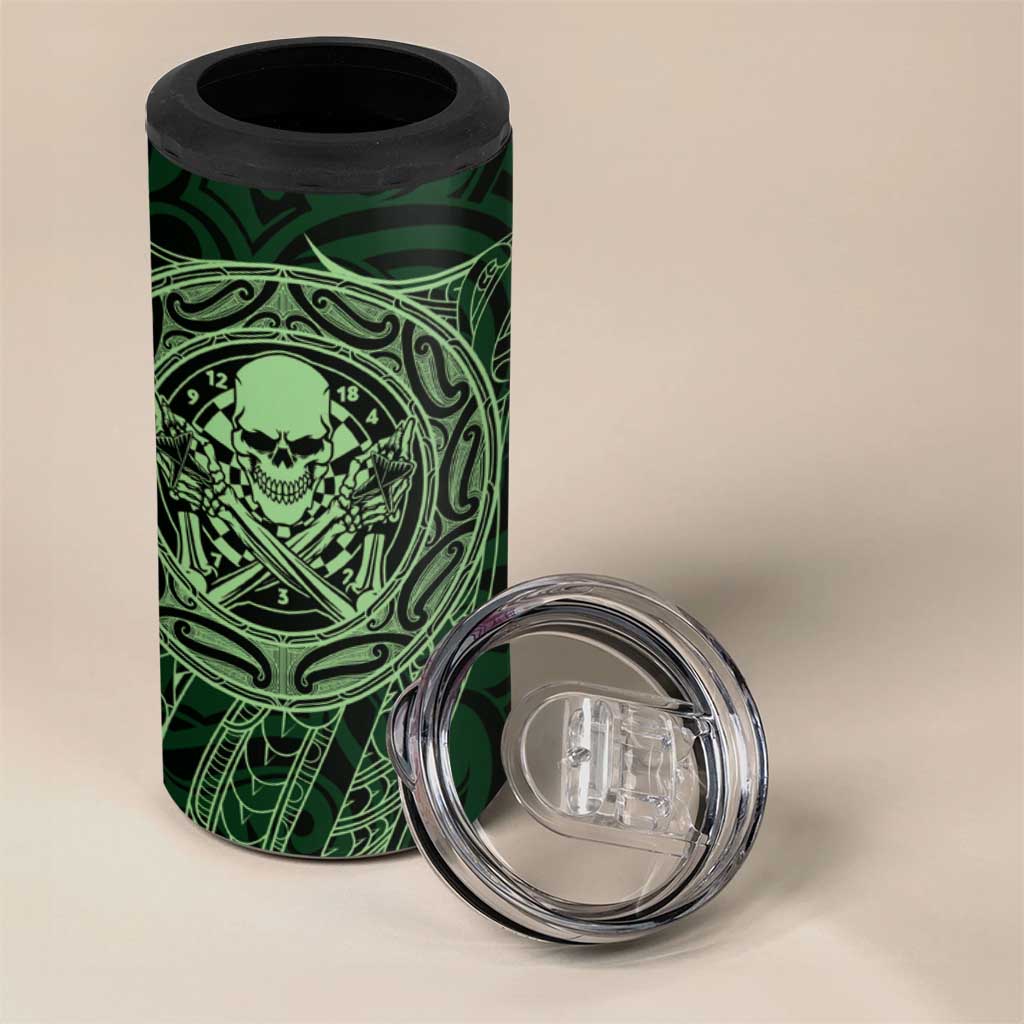 New Zealand Skull Darts 4 in 1 Can Cooler Tumbler Aotearoa Maori Chest Tattoo Stylized Green - Polynesian Pride