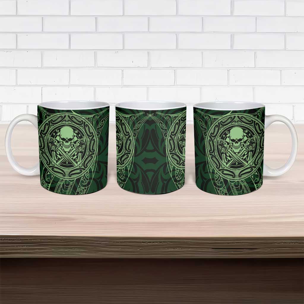 New Zealand Skull Darts Ceramic Mug Aotearoa Maori Chest Tattoo Stylized Green - Polynesian Pride