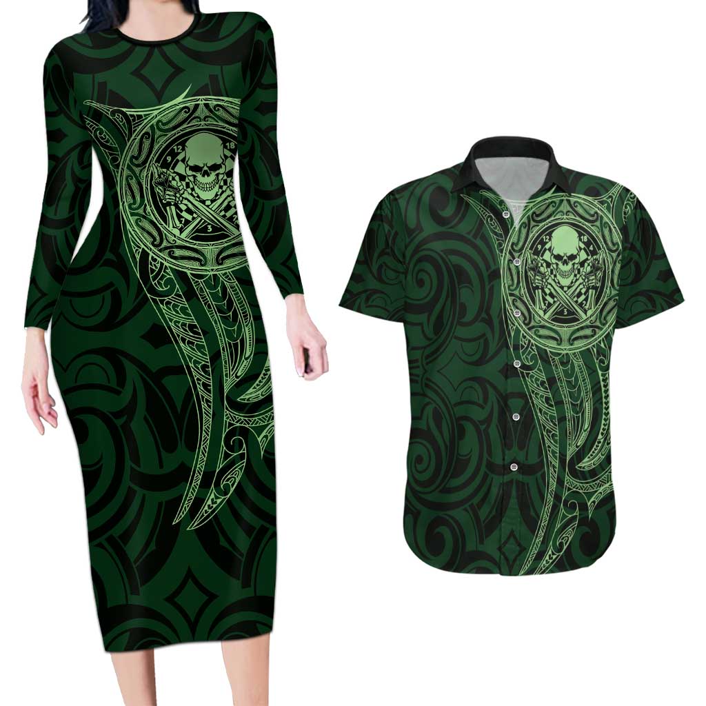 New Zealand Skull Darts Couples Matching Long Sleeve Bodycon Dress and Hawaiian Shirt Aotearoa Maori Chest Tattoo Stylized Green - Polynesian Pride