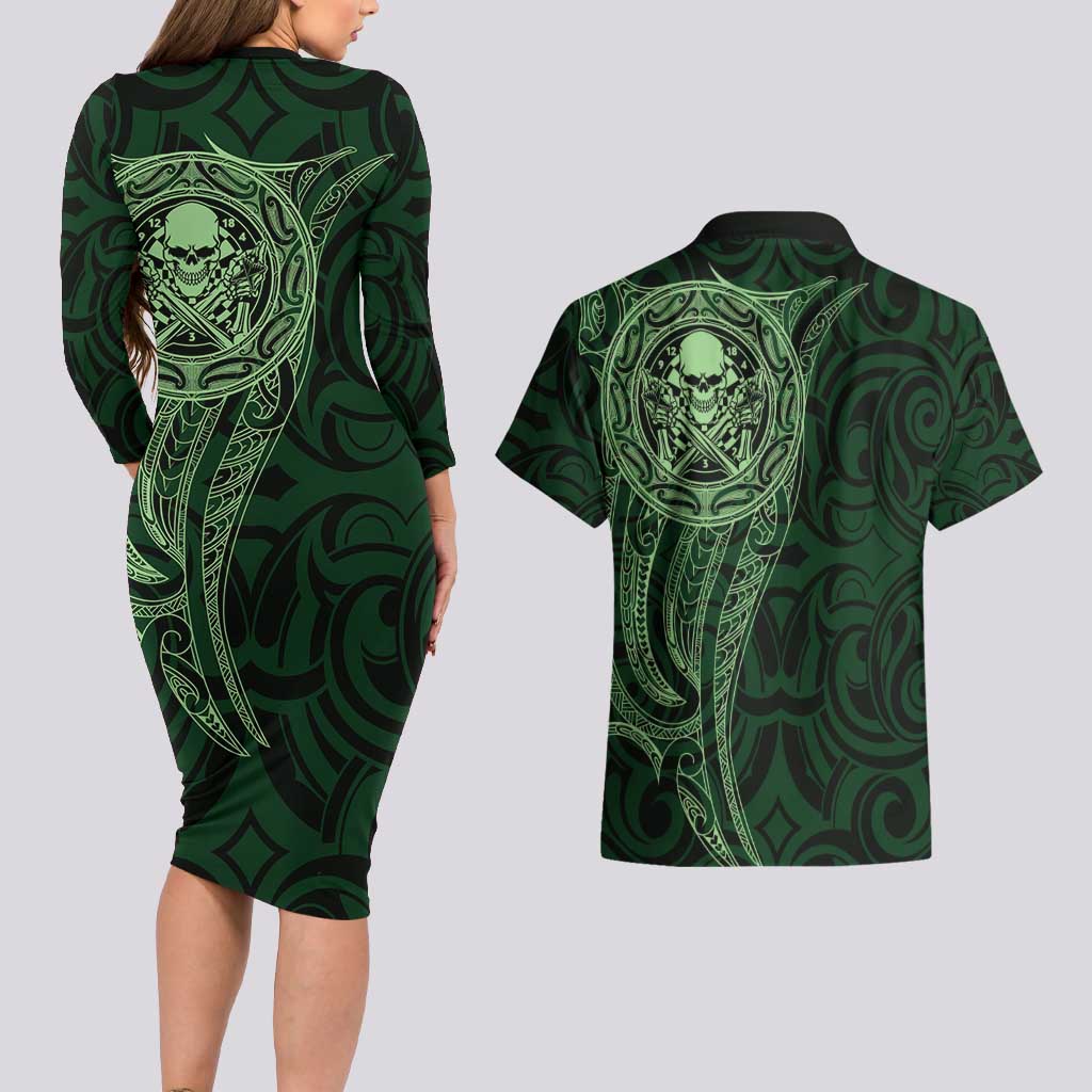 New Zealand Skull Darts Couples Matching Long Sleeve Bodycon Dress and Hawaiian Shirt Aotearoa Maori Chest Tattoo Stylized Green - Polynesian Pride