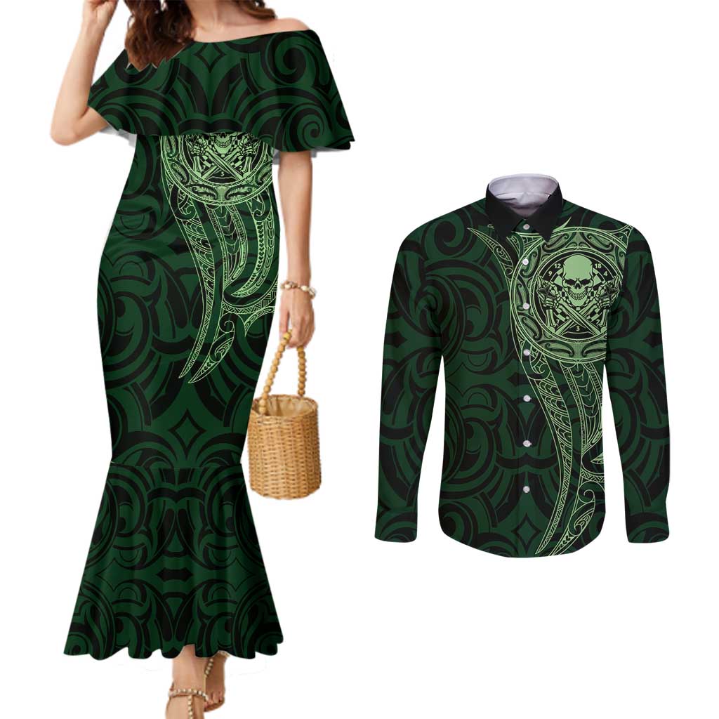New Zealand Skull Darts Couples Matching Mermaid Dress and Long Sleeve Button Shirt Aotearoa Maori Chest Tattoo Stylized Green - Polynesian Pride