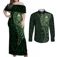 New Zealand Skull Darts Couples Matching Off Shoulder Maxi Dress and Long Sleeve Button Shirt Aotearoa Maori Chest Tattoo Stylized Green - Polynesian Pride
