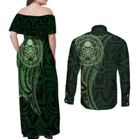 New Zealand Skull Darts Couples Matching Off Shoulder Maxi Dress and Long Sleeve Button Shirt Aotearoa Maori Chest Tattoo Stylized Green - Polynesian Pride