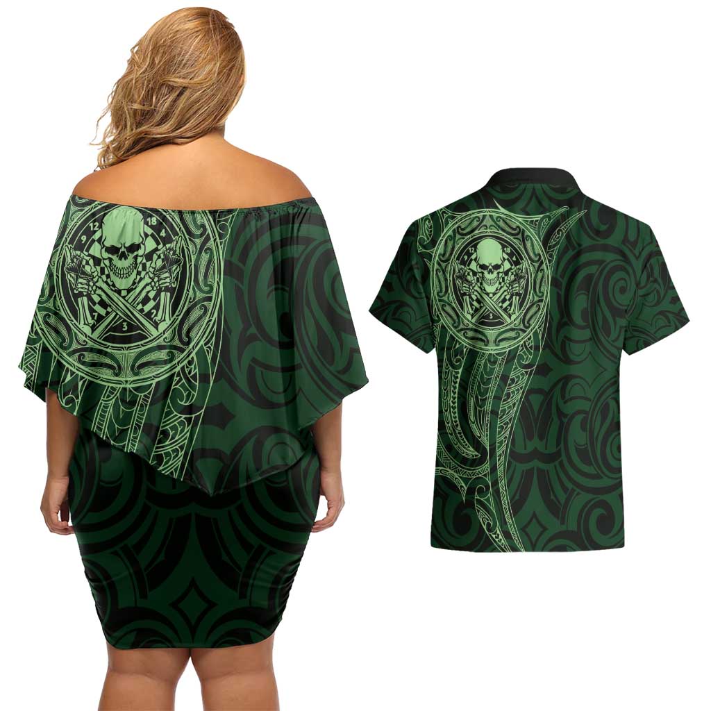 New Zealand Skull Darts Couples Matching Off Shoulder Short Dress and Hawaiian Shirt Aotearoa Maori Chest Tattoo Stylized Green - Polynesian Pride