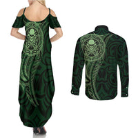 New Zealand Skull Darts Couples Matching Summer Maxi Dress and Long Sleeve Button Shirt Aotearoa Maori Chest Tattoo Stylized Green - Polynesian Pride