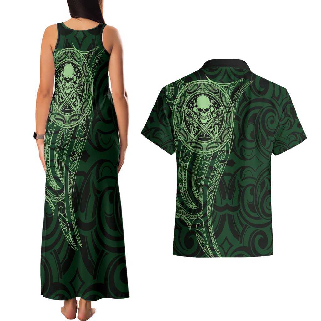 New Zealand Skull Darts Couples Matching Tank Maxi Dress and Hawaiian Shirt Aotearoa Maori Chest Tattoo Stylized Green - Polynesian Pride
