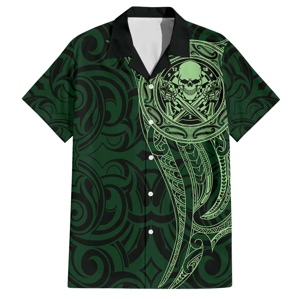 New Zealand Skull Darts Family Matching Long Sleeve Bodycon Dress and Hawaiian Shirt Aotearoa Maori Chest Tattoo Stylized Green - Polynesian Pride