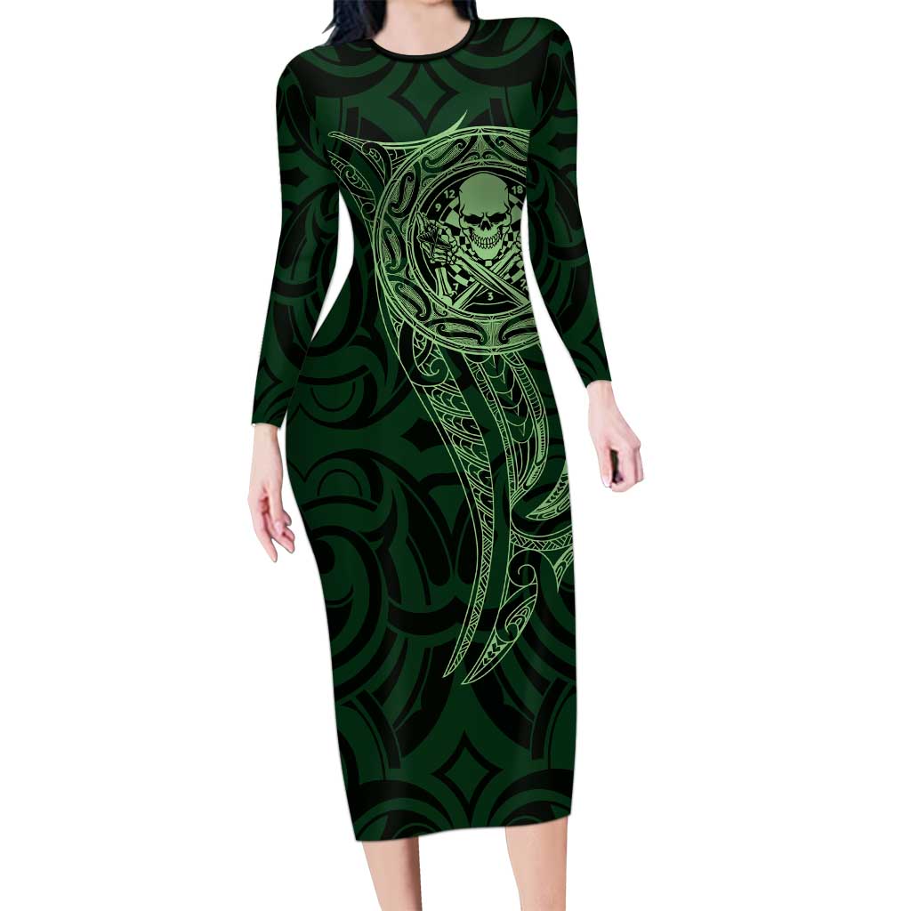 New Zealand Skull Darts Family Matching Long Sleeve Bodycon Dress and Hawaiian Shirt Aotearoa Maori Chest Tattoo Stylized Green - Polynesian Pride