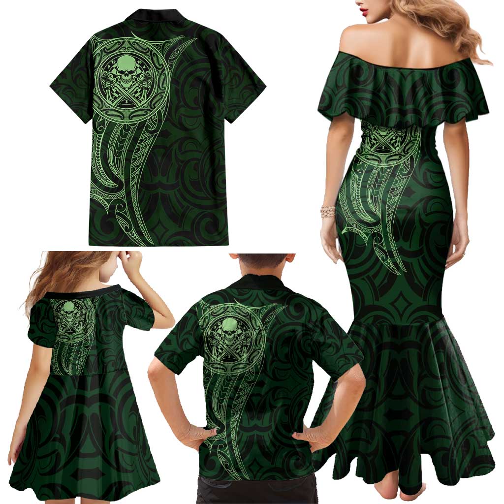 New Zealand Skull Darts Family Matching Mermaid Dress and Hawaiian Shirt Aotearoa Maori Chest Tattoo Stylized Green - Polynesian Pride