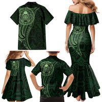 New Zealand Skull Darts Family Matching Mermaid Dress and Hawaiian Shirt Aotearoa Maori Chest Tattoo Stylized Green - Polynesian Pride