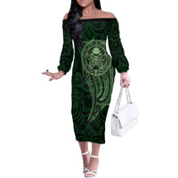 New Zealand Skull Darts Family Matching Off The Shoulder Long Sleeve Dress and Hawaiian Shirt Aotearoa Maori Chest Tattoo Stylized Green - Polynesian Pride