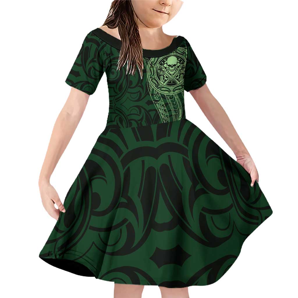 New Zealand Skull Darts Family Matching Off Shoulder Short Dress and Hawaiian Shirt Aotearoa Maori Chest Tattoo Stylized Green - Polynesian Pride