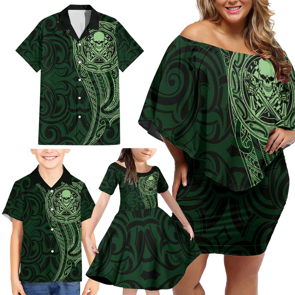 New Zealand Skull Darts Family Matching Off Shoulder Short Dress and Hawaiian Shirt Aotearoa Maori Chest Tattoo Stylized Green - Polynesian Pride