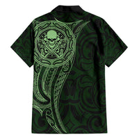 New Zealand Skull Darts Family Matching Off Shoulder Short Dress and Hawaiian Shirt Aotearoa Maori Chest Tattoo Stylized Green - Polynesian Pride