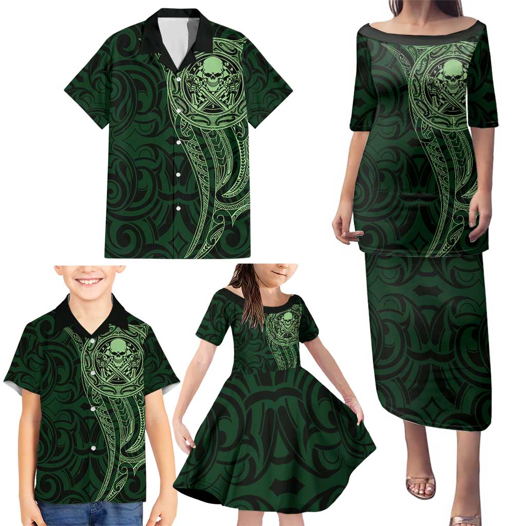 New Zealand Skull Darts Family Matching Puletasi and Hawaiian Shirt Aotearoa Maori Chest Tattoo Stylized Green - Polynesian Pride