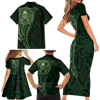 New Zealand Skull Darts Family Matching Short Sleeve Bodycon Dress and Hawaiian Shirt Aotearoa Maori Chest Tattoo Stylized Green - Polynesian Pride