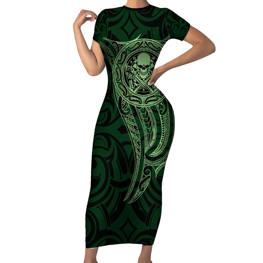 New Zealand Skull Darts Family Matching Short Sleeve Bodycon Dress and Hawaiian Shirt Aotearoa Maori Chest Tattoo Stylized Green - Polynesian Pride