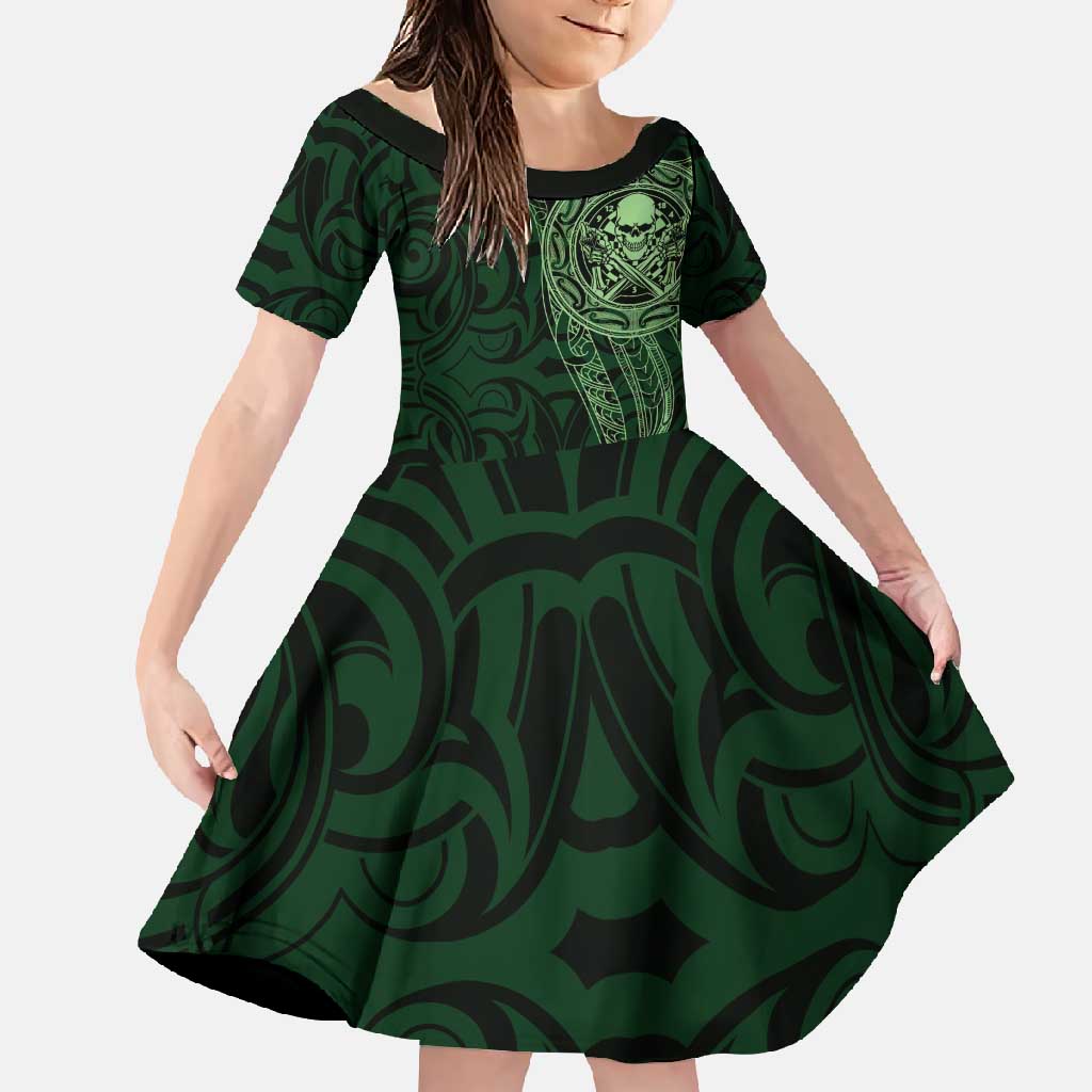 New Zealand Skull Darts Family Matching Summer Maxi Dress and Hawaiian Shirt Aotearoa Maori Chest Tattoo Stylized Green - Polynesian Pride
