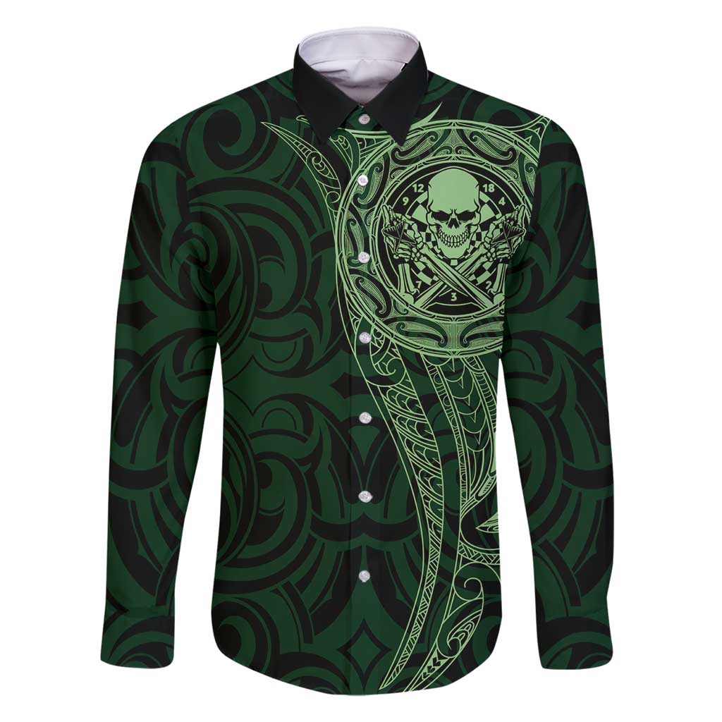 New Zealand Skull Darts Family Matching Summer Maxi Dress and Hawaiian Shirt Aotearoa Maori Chest Tattoo Stylized Green - Polynesian Pride