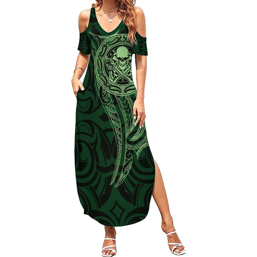 New Zealand Skull Darts Family Matching Summer Maxi Dress and Hawaiian Shirt Aotearoa Maori Chest Tattoo Stylized Green - Polynesian Pride