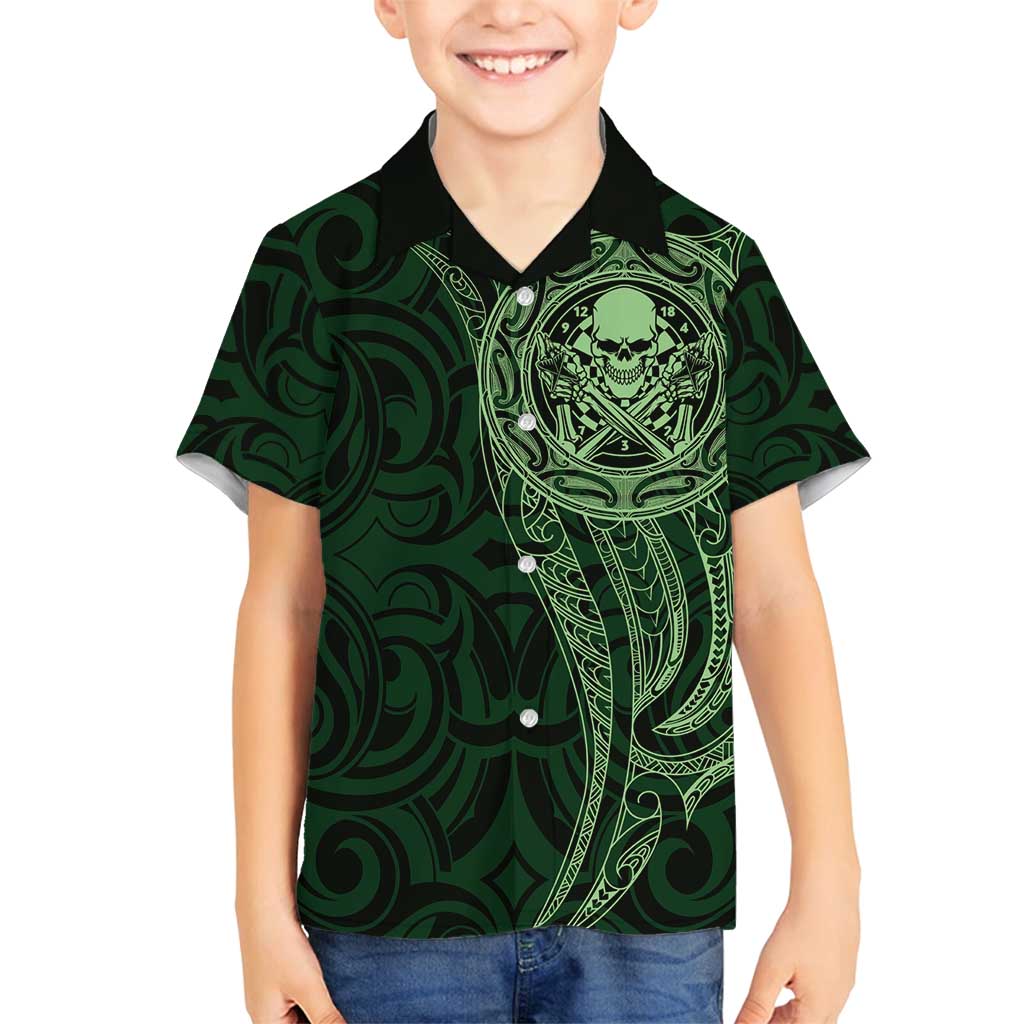 New Zealand Skull Darts Family Matching Tank Maxi Dress and Hawaiian Shirt Aotearoa Maori Chest Tattoo Stylized Green - Polynesian Pride