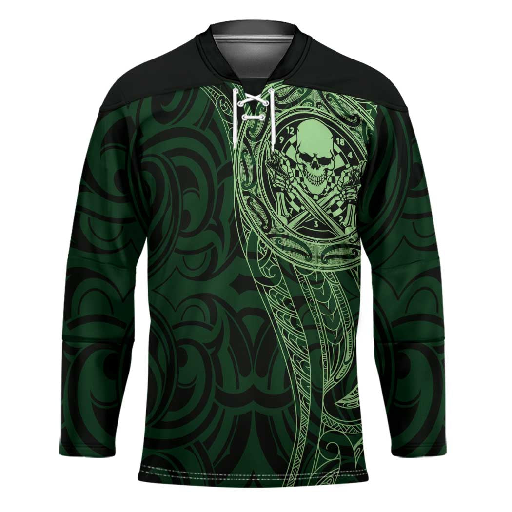 New Zealand Skull Darts Hockey Jersey Aotearoa Maori Chest Tattoo Stylized Green - Polynesian Pride