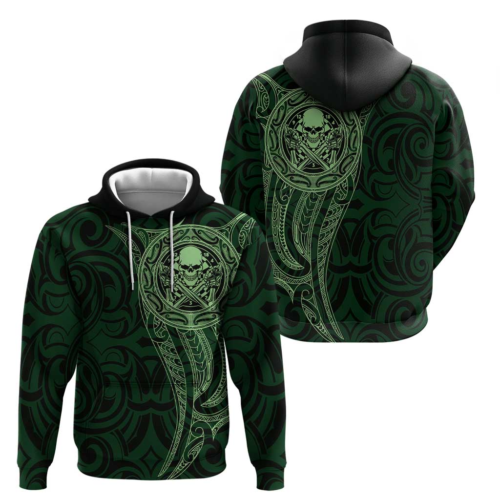 New Zealand Skull Darts Hoodie Aotearoa Maori Chest Tattoo Stylized Green - Polynesian Pride