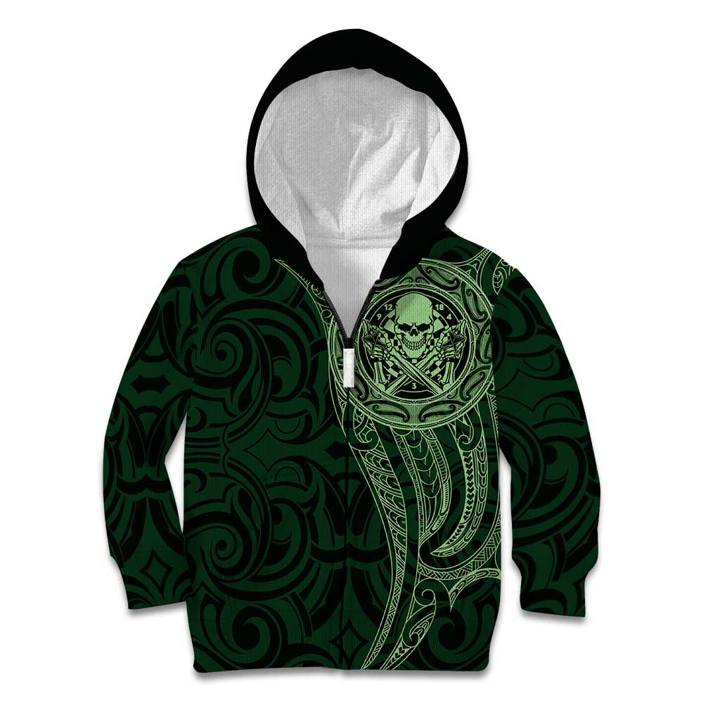 New Zealand Skull Darts Kid Hoodie Aotearoa Maori Chest Tattoo Stylized Green - Polynesian Pride