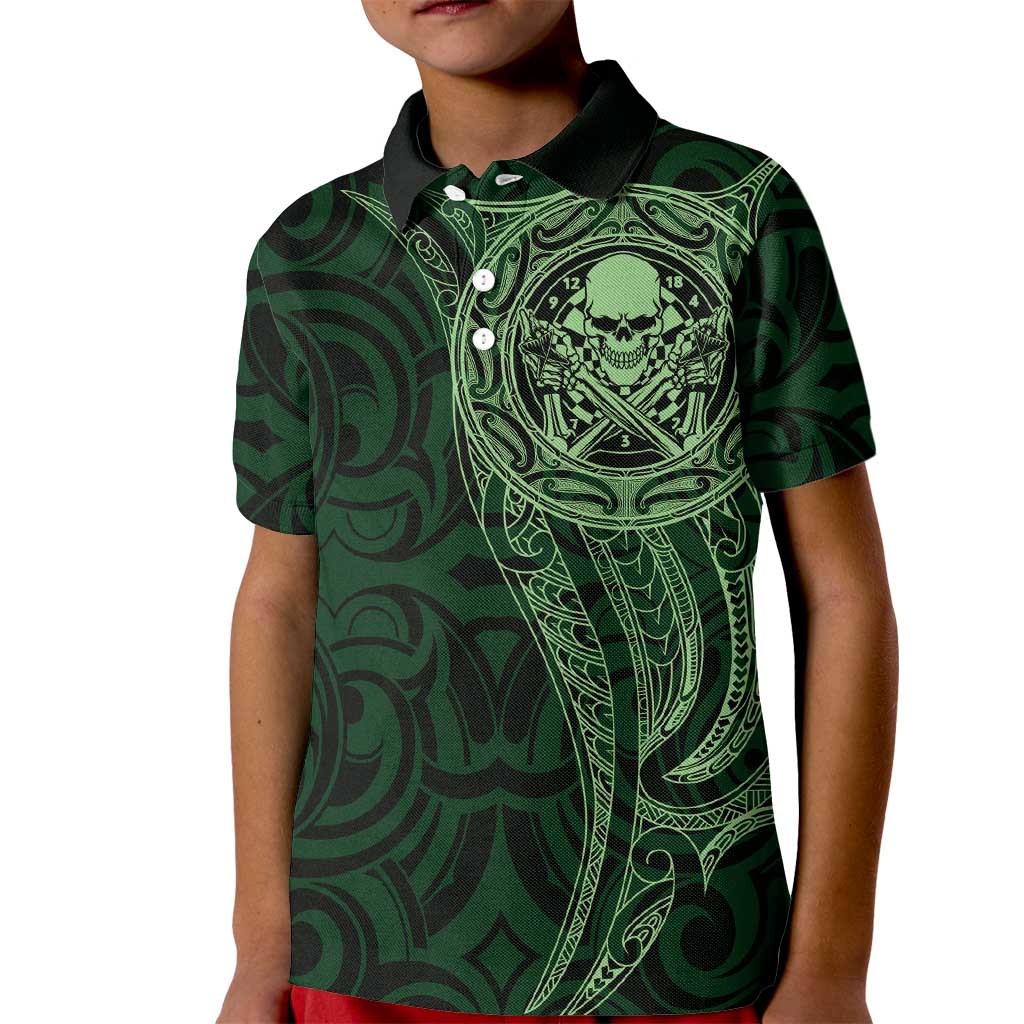 New Zealand Skull Darts Kid Polo Shirt Aotearoa Maori Chest Tattoo Stylized Green - Polynesian Pride