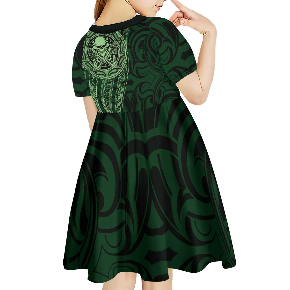 New Zealand Skull Darts Kid Short Sleeve Dress Aotearoa Maori Chest Tattoo Stylized Green - Polynesian Pride