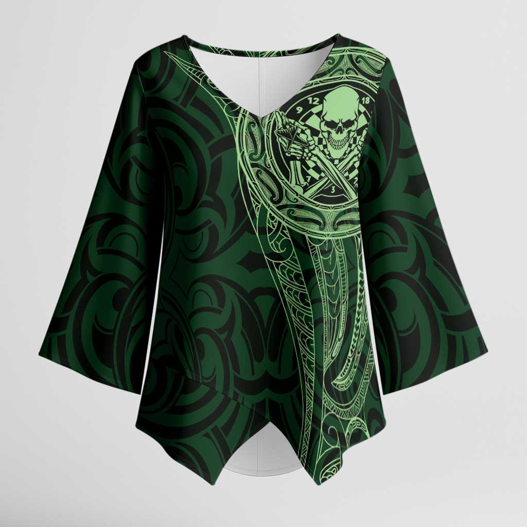 New Zealand Skull Darts Kimono Sleeve Blouse Aotearoa Maori Chest Tattoo Stylized Green - Polynesian Pride