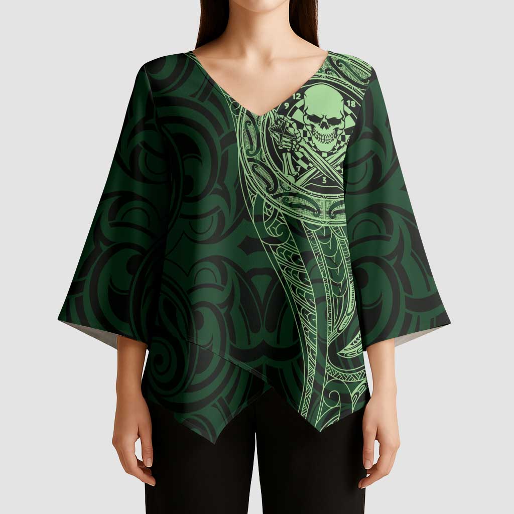 New Zealand Skull Darts Kimono Sleeve Blouse Aotearoa Maori Chest Tattoo Stylized Green - Polynesian Pride