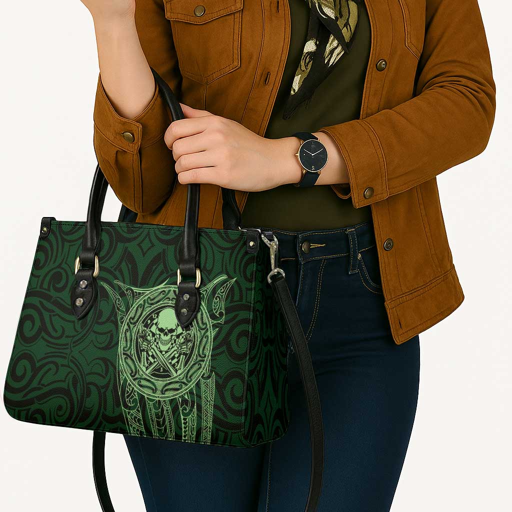 New Zealand Skull Darts Leather Bag Aotearoa Maori Chest Tattoo Stylized Green - Polynesian Pride