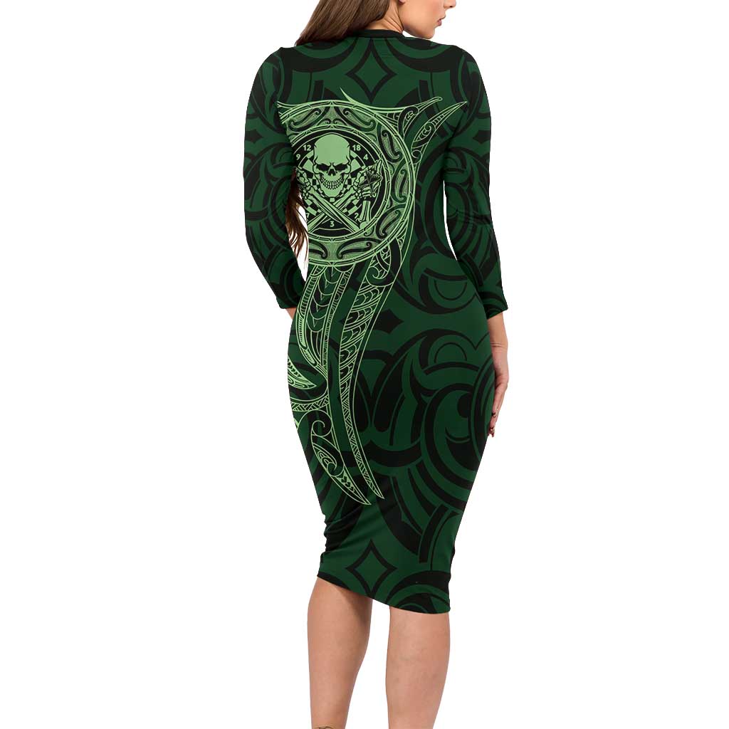 New Zealand Skull Darts Long Sleeve Bodycon Dress Aotearoa Maori Chest Tattoo Stylized Green - Polynesian Pride