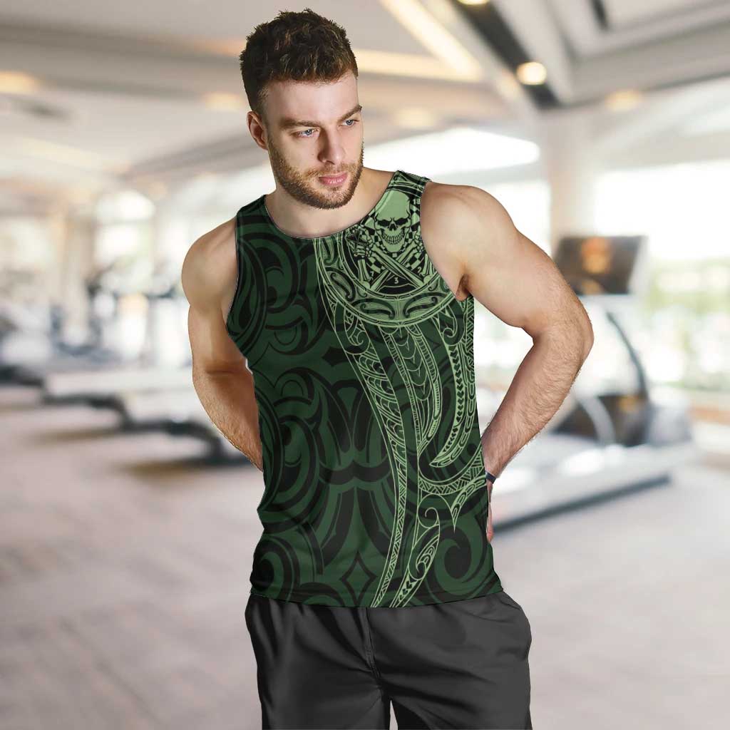 New Zealand Skull Darts Men Tank Top Aotearoa Maori Chest Tattoo Stylized Green - Polynesian Pride