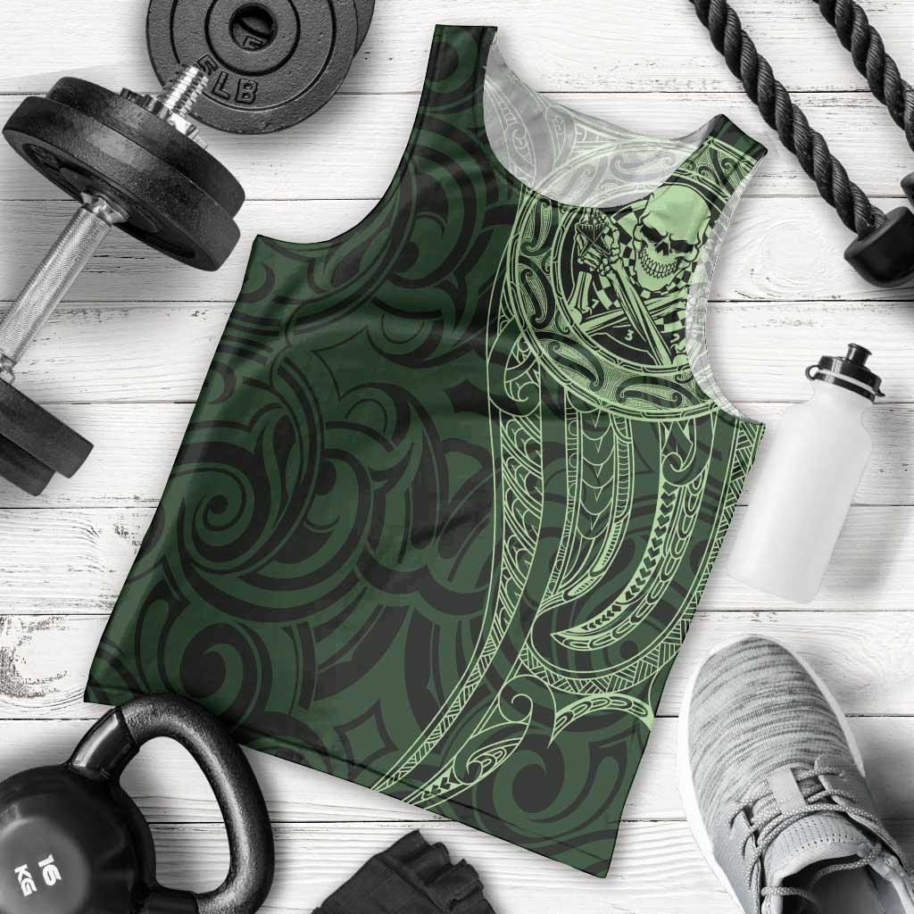 New Zealand Skull Darts Men Tank Top Aotearoa Maori Chest Tattoo Stylized Green - Polynesian Pride