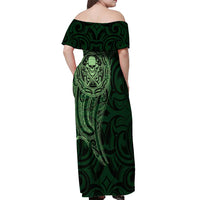 New Zealand Skull Darts Off Shoulder Maxi Dress Aotearoa Maori Chest Tattoo Stylized Green - Polynesian Pride