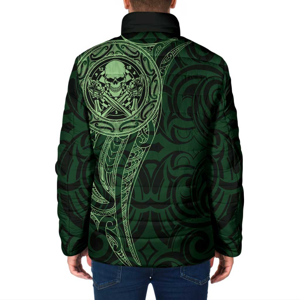 New Zealand Skull Darts Padded Jacket Aotearoa Maori Chest Tattoo Stylized Green - Polynesian Pride