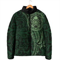New Zealand Skull Darts Padded Jacket Aotearoa Maori Chest Tattoo Stylized Green - Polynesian Pride