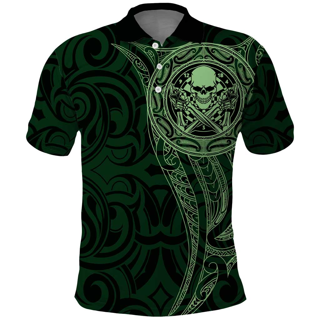 New Zealand Skull Darts Polo Shirt Aotearoa Maori Chest Tattoo Stylized Green - Polynesian Pride