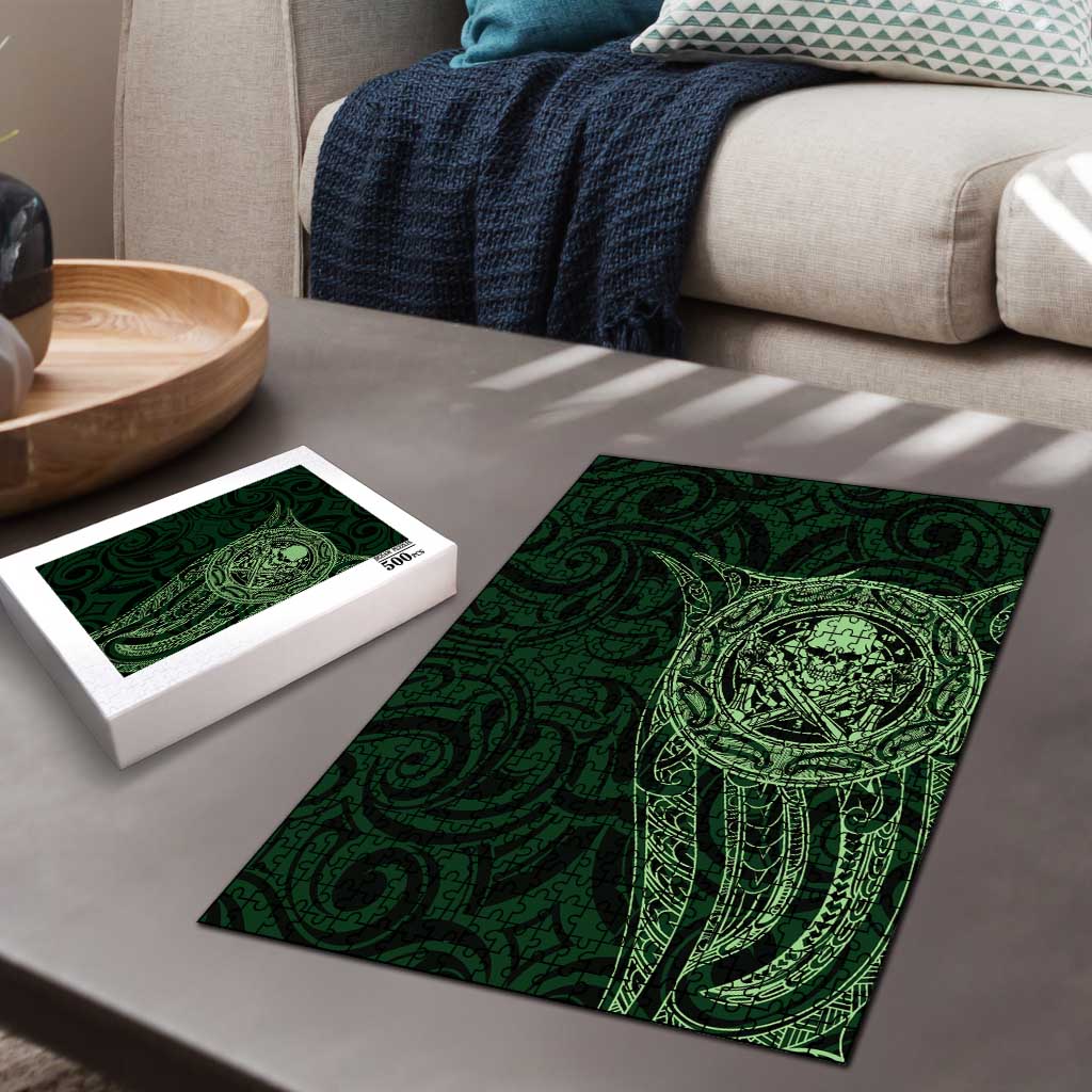 New Zealand Skull Darts Puzzle Aotearoa Maori Chest Tattoo Stylized Green - Polynesian Pride